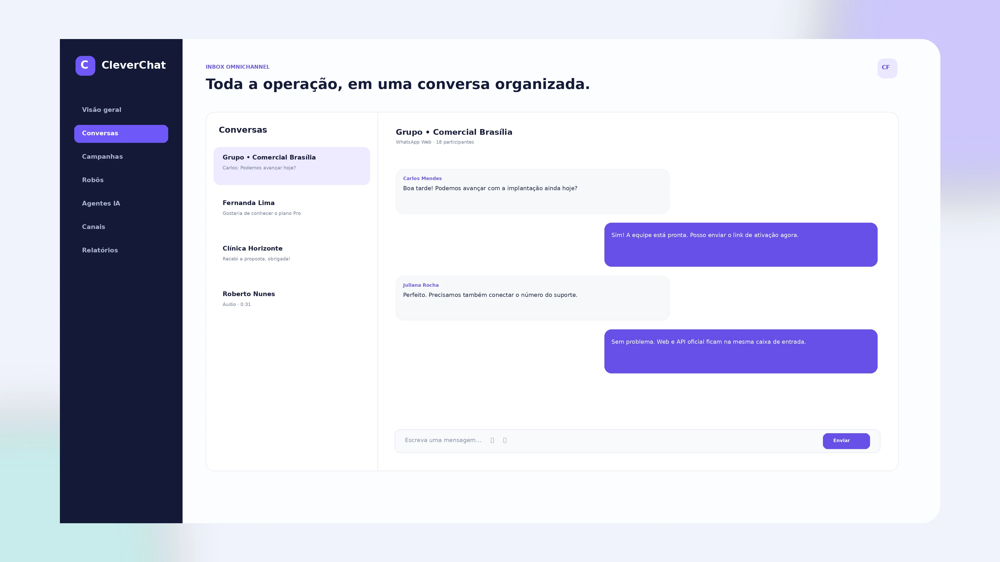 Caixa de conversas demonstrativa do CleverChat